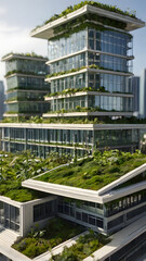 Fototapeta premium Inspiring eco friendly architecture with lush greenery and plant life on modern building exteriors and rooftops