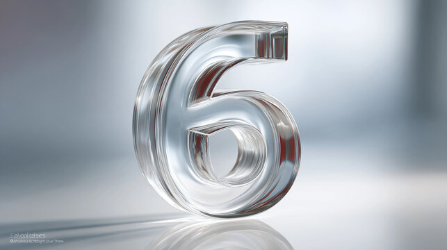 A single 3D number "6" made of transparent glass, casting a sharp reflection on a white glossy surface with soft morning light