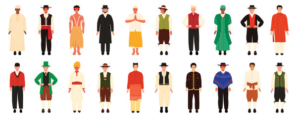 Folk man in ethnic traditional different dress set. People wearing history costumes of Egypt Serbia Brazil Poland Thailand Denmark Spain China Finland Ireland India cartoon vector illustration