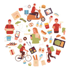 Round design showcasing food delivery services, including couriers on bikes, scooters, mobile ordering apps, fresh meals, packaging. A vibrant vector illustration for fast food online delivery themes.