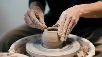 Potter shaping clay on a pottery wheel with skilled hands