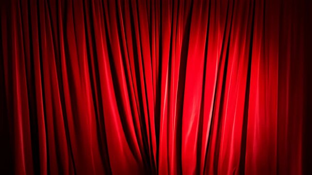 Partially open, red velvet stage curtains with a black background showing behind them