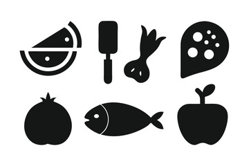 Set of food icons showcasing fresh produce like watermelon, onion, pomegranate, and apple, alongside a fish, all in a minimalist silhouette design suitable for healthy eating and grocery