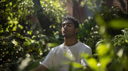 A media-ready photo with balanced aesthetics aged adventurer enraptured in lush valdivian rainforest, sunlight filtering through the canopy, adorned with a necklace and rugged clothes.