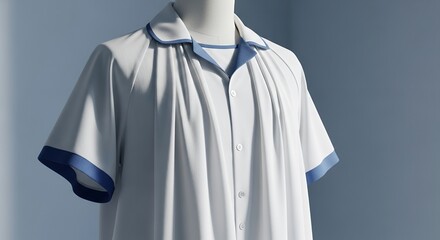 Medical Gown Display Featuring White Fabric with Contrasting Blue Trim on a Mannequin Against a Light Background in Studio Lighting