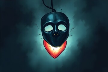 Dark mask suspended over radiant heart illuminated by soft glow. Hidden strength, emotional awakening concepts