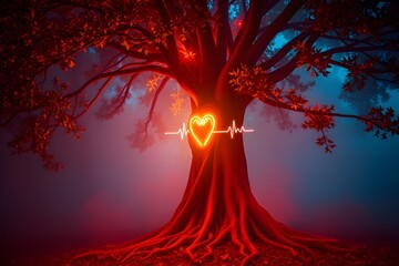 Heart glowing in vibrant red tree trunk. Visual metaphor of passion, survival, and emotional urgency