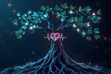 Neon heartbeat glowing within fantasy tree. Modern visual metaphor for mental health awareness, recovery