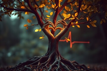 Tree trunk growing hands in heart shape with ECG pulse highlighting love, support, and mental health awareness