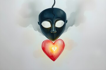 Black artist’s mask hovering over glowing heart symbolizing authentic self emerging from darkness