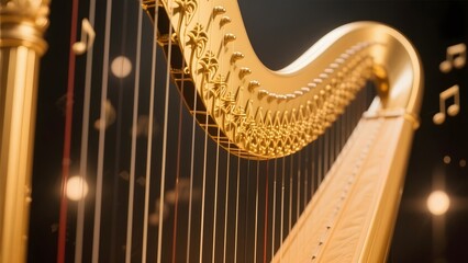 Golden Harp with Musical Notes Floating in a Dark Background