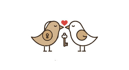 Two birds facing each other with a heart above them and a key between them in a simple cartoon style