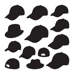  Collection of various hats and caps in black and white silhouette style white Background. 