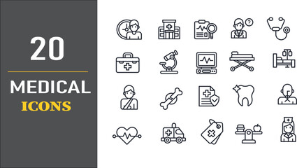 Set of 20 Medical Icons – Healthcare, Hospital, Doctor, and Medicine Vector Symbols Pack