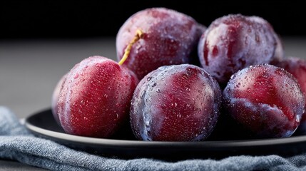 Obraz premium Fresh Red Plums With Water Droplets On Black Plate. Juicy And Refreshing Summer Fruit Display