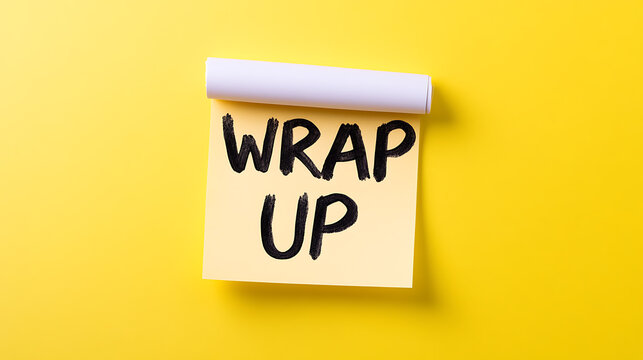 A bright yellow background hosts a notepad with "WRAP UP" in bold black letters, conveying completion and summarizing.