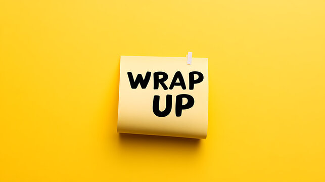 Yellow note with 'Wrap Up' message. Post-it with reminder. Simple, bright background. End of task, project closure. Clear messaging.