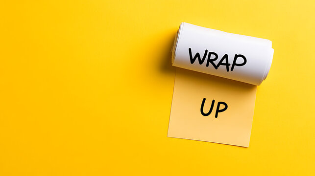 A concept displaying the words "Wrap Up" in a visually engaging composition, ideal for conveying completion or summary in projects or tasks. The bright yellow background.