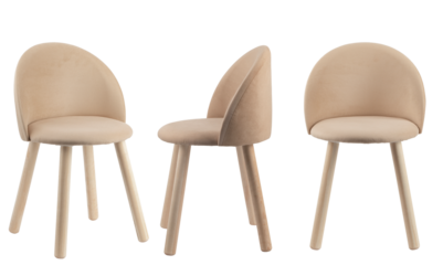 children's wooden high chair with upholstered seat and backrest, isolated on a white background