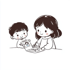 Child happily drawing picture while another child holds photo, both smiling and enjoying creative activity together