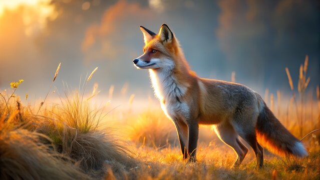 Majestic Red Fox at Sunrise: Golden Hour Wildlife Photography, Serene Nature Scene