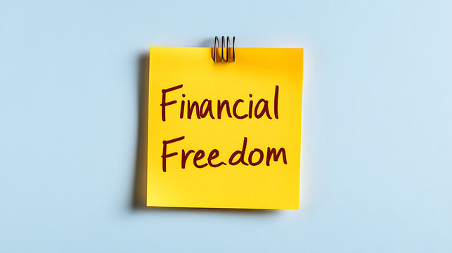 A vibrant yellow sticky note displays the words "Financial Freedom" in bold, dark red marker against a serene blue backdrop. Motivational message.