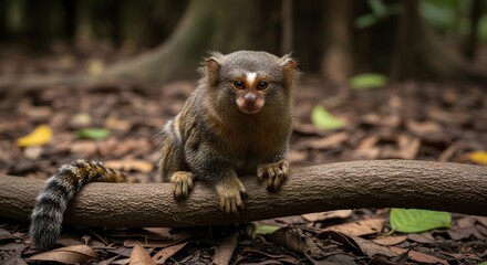 A wild pygmy marmoset, the world's smallest monkey, sits on a tree branch in the jungle, looking directly at the camera.