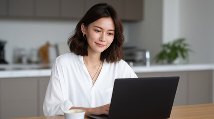 Asian woman engaged in online learning at home.