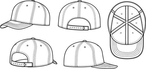 Baseball cap flat sketch vector illustration, detailed hat mockup views, outline sportswear design, front, side, back, top view © MD. NUR ISLAM