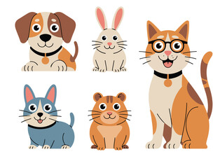 Fototapeta premium Illustration of five cartoon pets including a dog cat rabbit hamster and another on white background