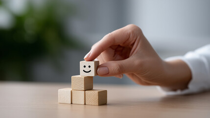 Hand Arranging Smiley Faces on Wooden Blocks for Customer Satisfaction