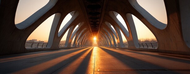 Sunrise through modern bridge tunnel