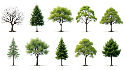A diverse set of ten isolated realistic tree illustrations, perfect for an architectural or landscape design Mockup.