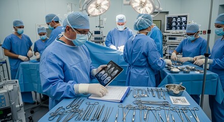 Operating Room Scene with Surgeons in Blue Scrubs Examining X Ray with Surgical Instruments Under Bright Lights Medical Team in Sterile Environment