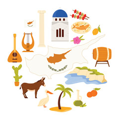 Map and flag of island country Souvla and grilled fish, grape wine barrel in circle cartoon vector illustration. Travel to Cyprus set, culture elements and landmarks, food in round infographic banner.