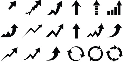 Collection of bold upward arrow icons, growth chart symbols, progress line graphics, business trend design elements for success and improvement