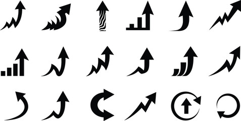 Collection of black upward arrow icons, business trend elements, graph growth symbols, marketing progress indicators, and financial analytics graphics