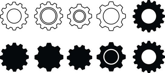 Gear icon collection, mechanical cogwheels, settings symbols, system configuration, flat and solid vector design for user interface and apps