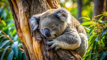 Fototapeta premium Adorable Koala Bear Sleeping Peacefully in Eucalyptus Tree, Australian Wildlife, Nature Photography