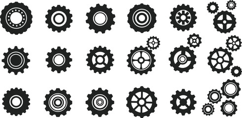 Mechanical gear icons, industrial cogwheel symbols, engineering vector set, machinery components, black and white, isolated design elements, illustration, technology