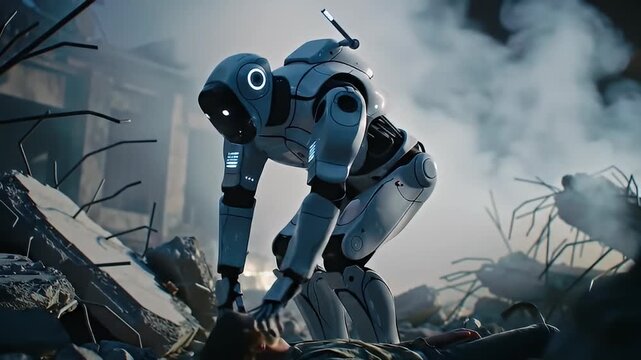 Futuristic robot stands over a prone woman amidst rubble and smoke, post-disaster scene