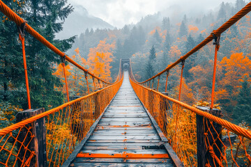 Scenic suspension bridge amidst vibrant autumn forest and misty mountains