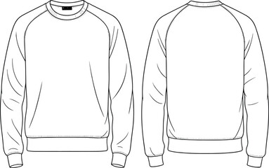 Raglan sleeve sweatshirt front and back flat sketch, vector fashion template, casual pullover design, technical drawing for apparel