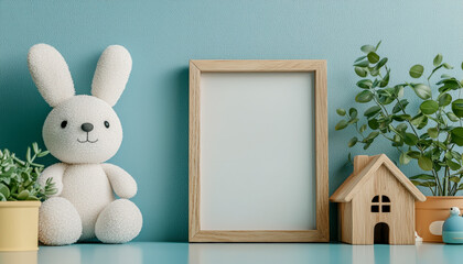 Adorable plush bunny with decorative miniatures against a pastel wall