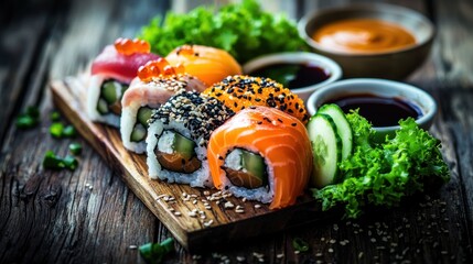 Assorted sushi rolls, vibrant colors, sauces, wooden board