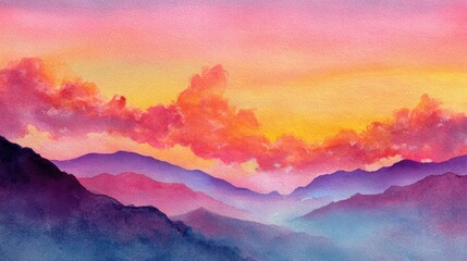 Watercolor sunset over mountains
