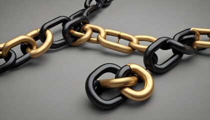 Obraz premium Gold and black chain links intertwine on a gray backdrop, creating a compelling visual.