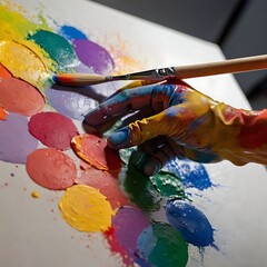 Obraz premium a painter's hand is brushing colorful colors on a large canvas