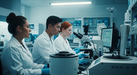 Three Scientists in White Lab Coats Working at Microscopes and Computer Monitors in a Well Lit Blue Toned Modern Laboratory Setting Engaged in Scientific Research and Experimentation