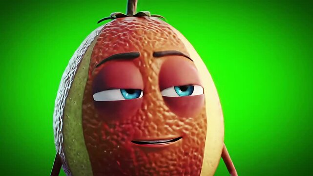 Animated food character showing a doubtful expression against a bright green backdrop